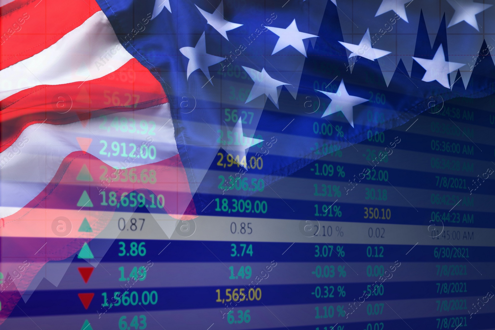 Image of Double exposure of price quotes and American flag. US economy