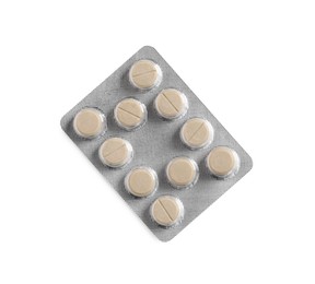 Photo of Blister of pills on white background, top view