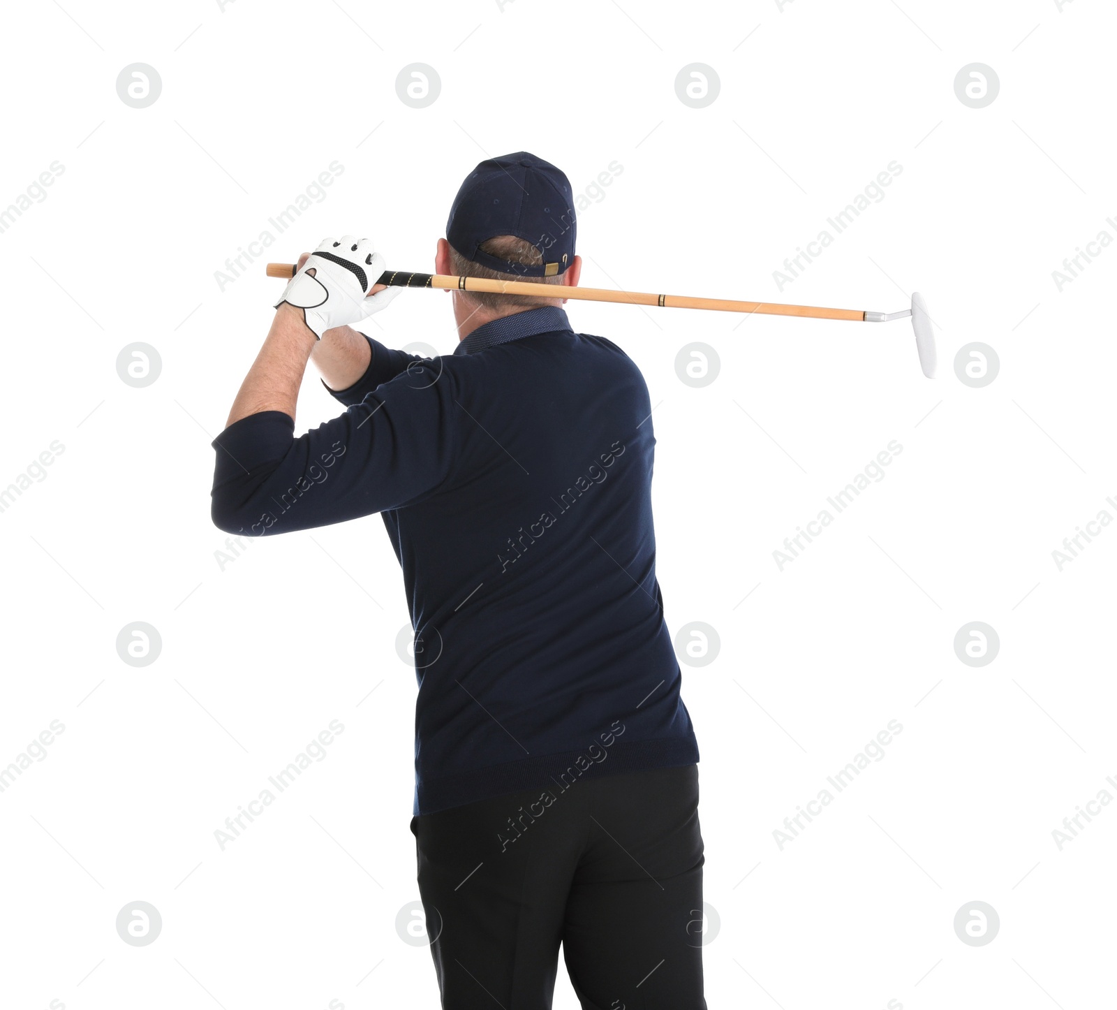 Photo of Senior man playing golf on white background