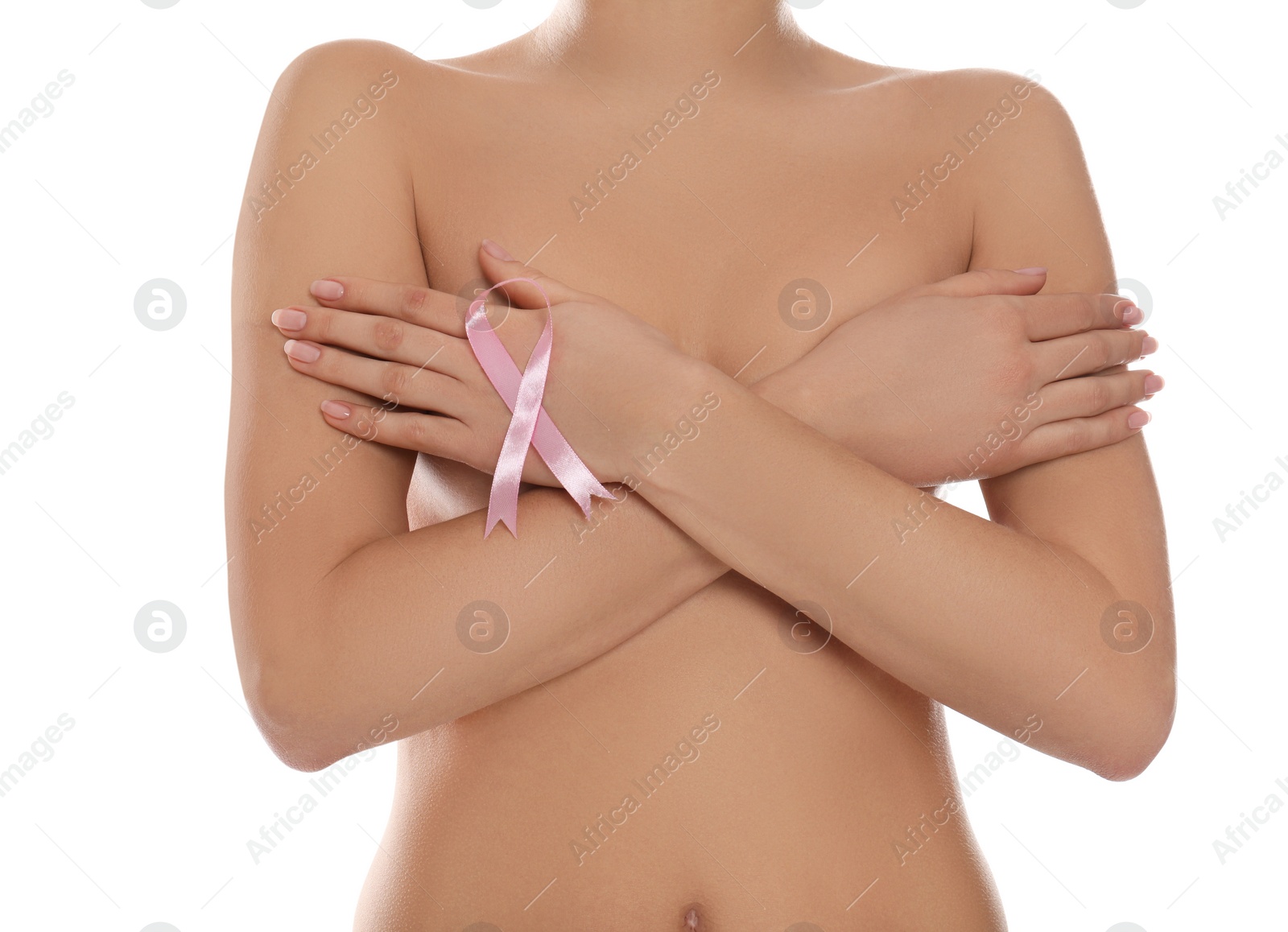 Photo of Naked woman with pink ribbon on white background, closeup. Breast cancer awareness