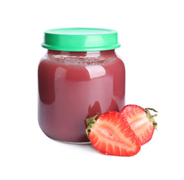 Photo of Jar with healthy baby food and fresh strawberry on white background