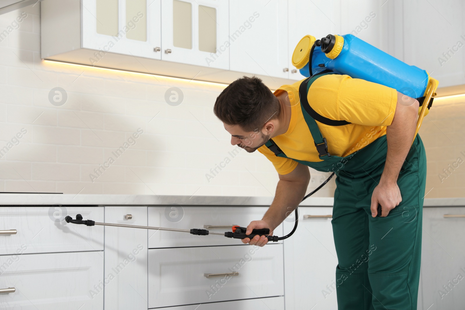 Photo of Pest control worker spraying insecticide on furniture in kitchen