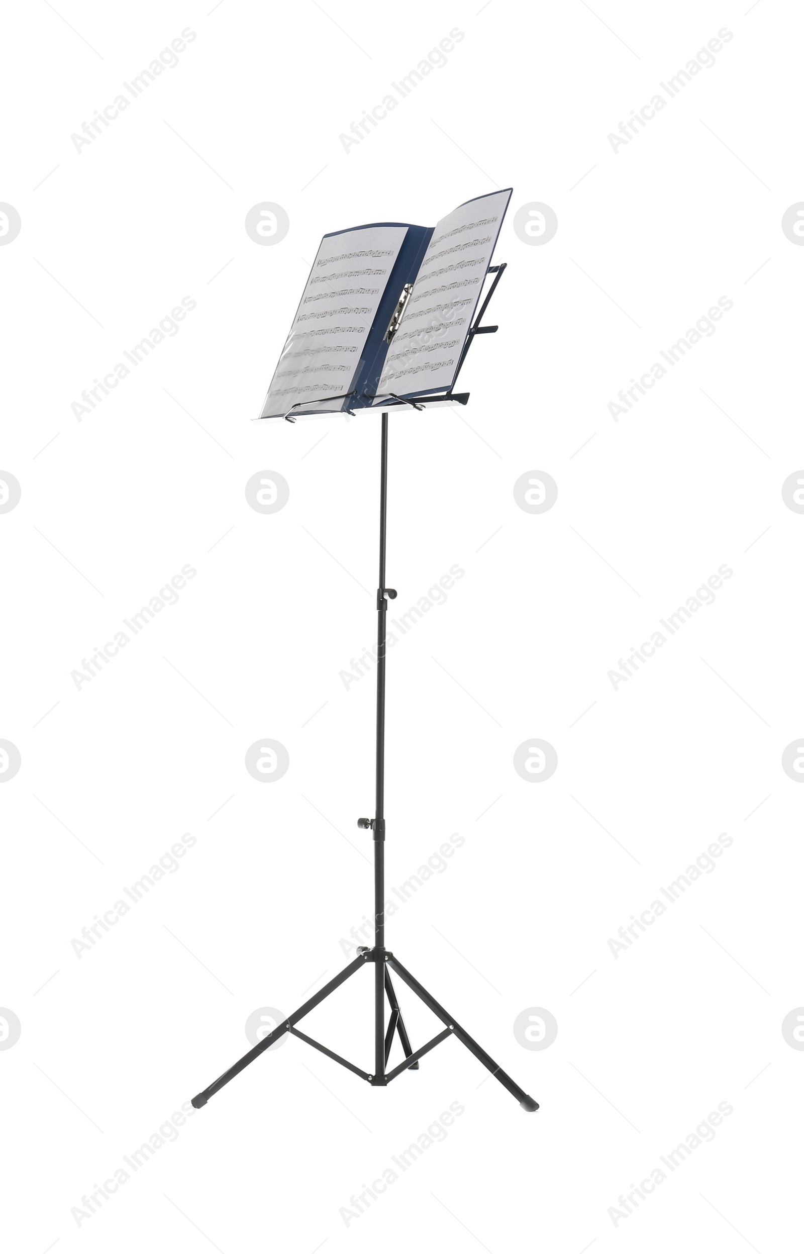 Photo of Note stand with music sheets on white background