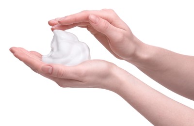 Woman with bath foam on white background, closeup