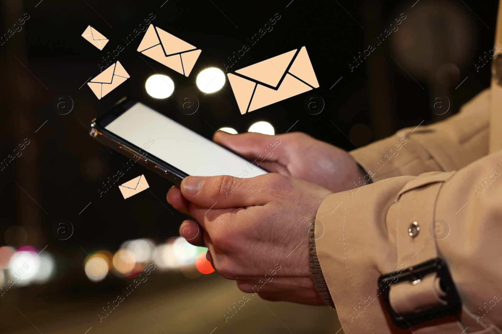 Image of Man with smartphone chatting outdoors, closeup. Many illustrations of envelope as incoming messages around device