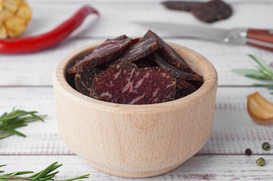 Slices of delicious beef jerky and ingredients on white wooden table, closeup