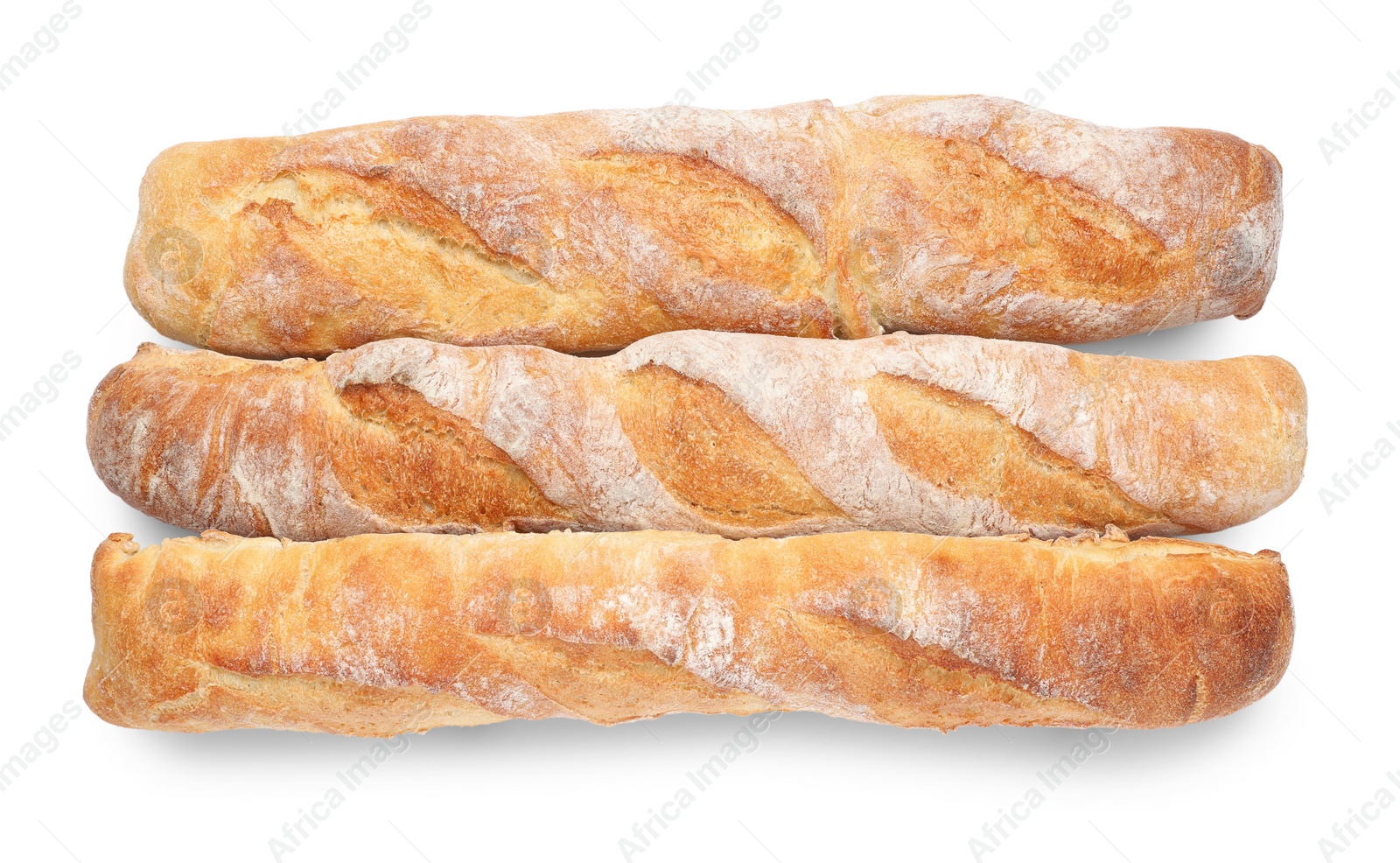 Photo of Crispy French baguettes on white background, top view. Fresh bread