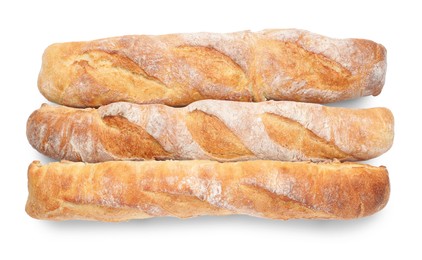 Photo of Crispy French baguettes on white background, top view. Fresh bread