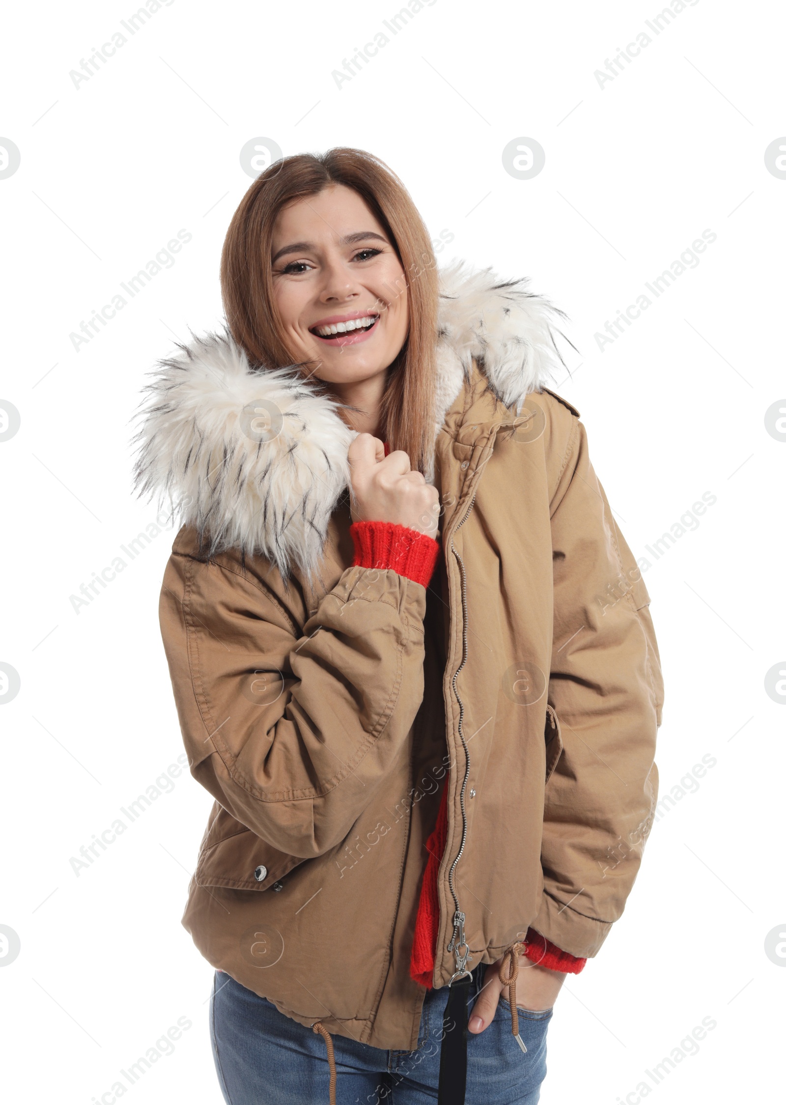 Photo of Young woman wearing warm clothes on white background. Ready for winter vacation