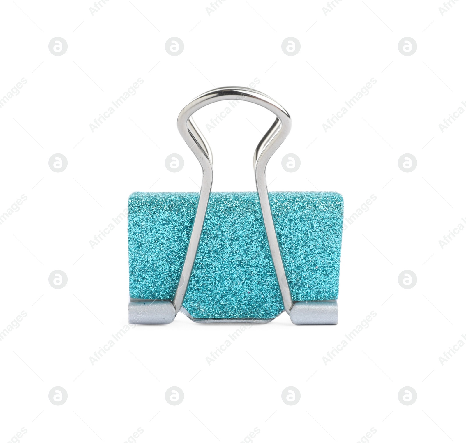 Photo of Turquoise binder clip isolated on white. Stationery item