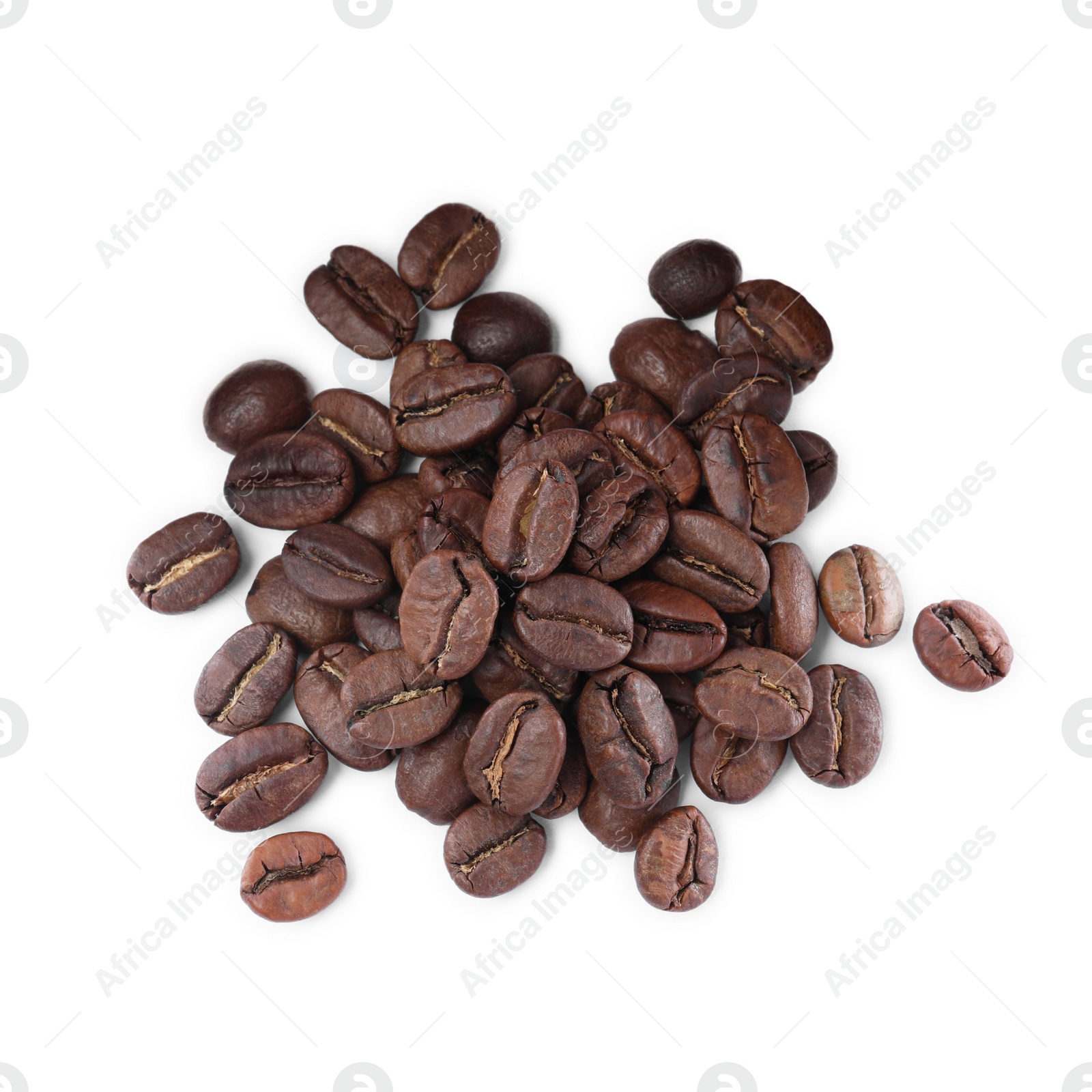 Photo of Pile of roasted coffee beans on white background, top view