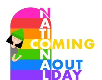 Illustration of National Coming Out Day. Person waving from doorway with pride flag colors on background, illustration