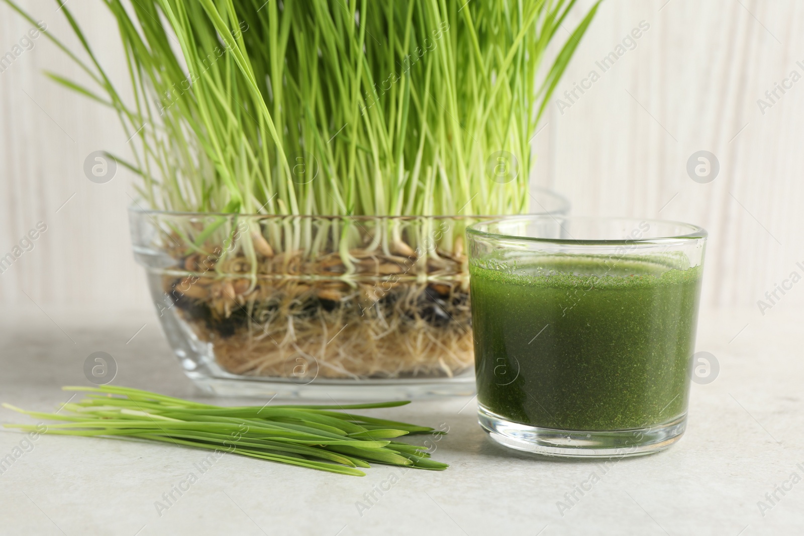 Photo of Wheat grass drink in glass and fresh sprouts on light table