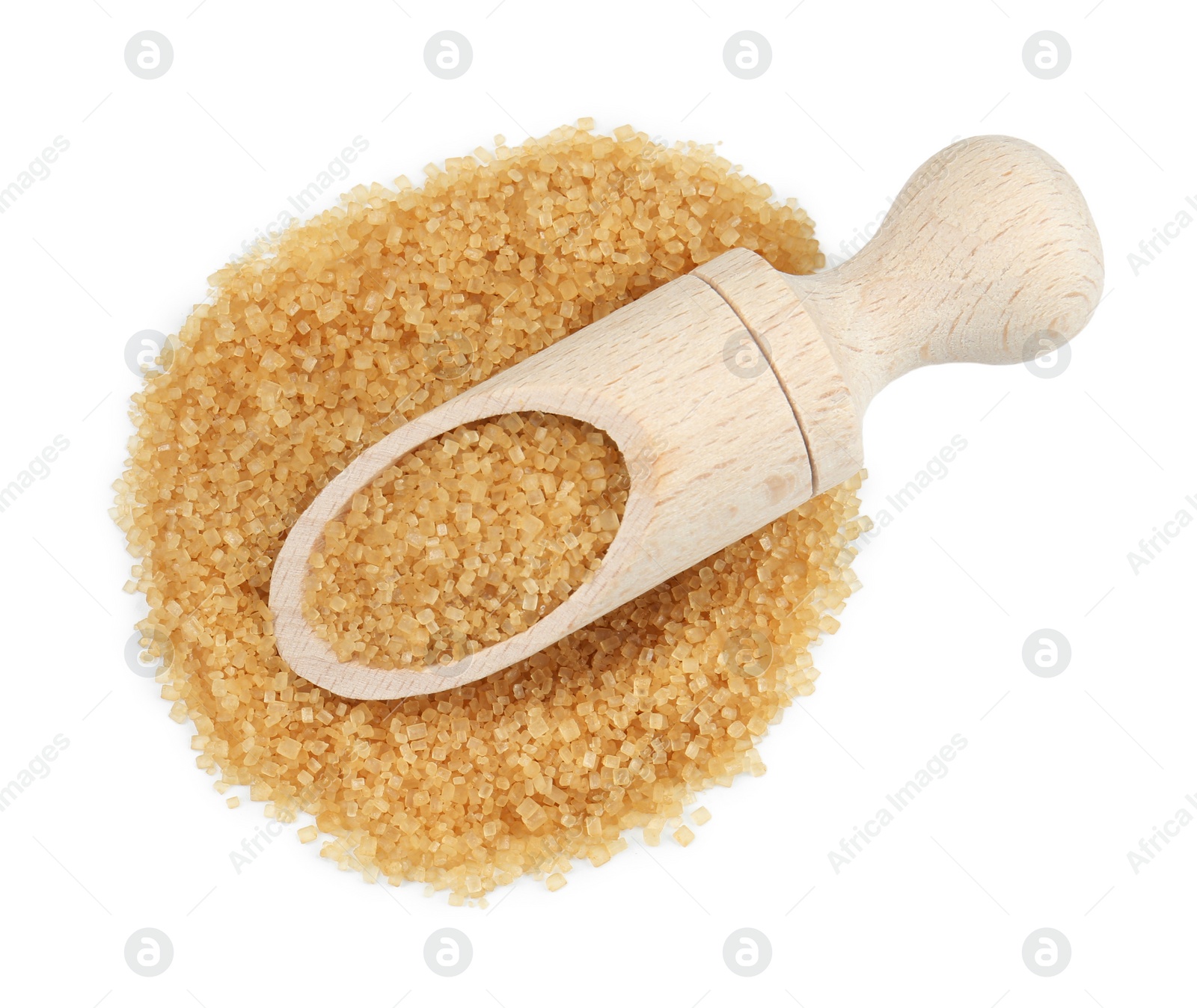 Photo of Brown sugar in scoop isolated on white, top view