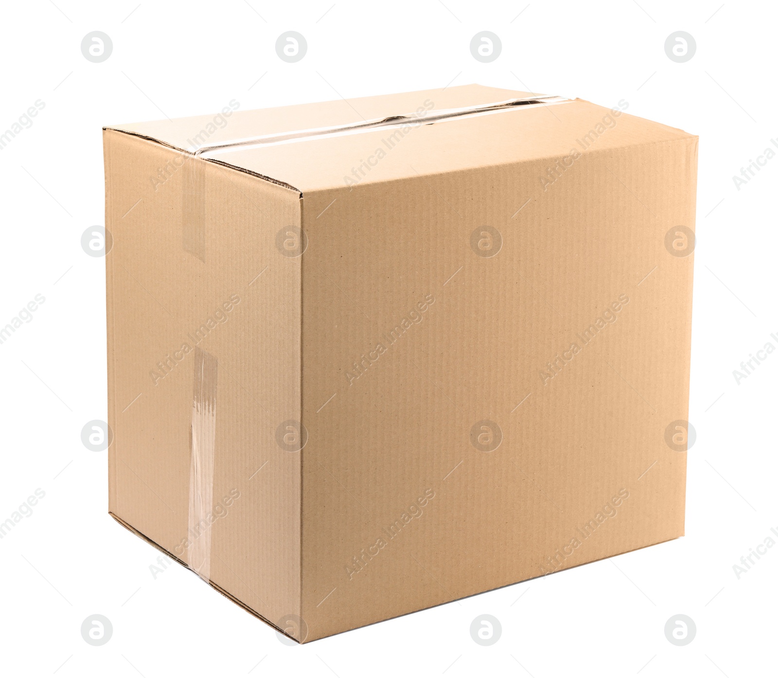 Photo of One closed cardboard box on white background