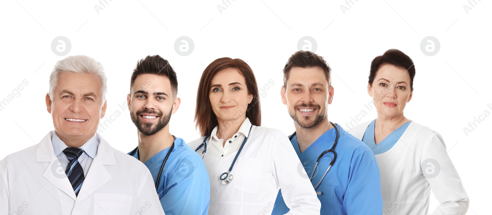 Image of Collage with photos of doctors on white background. Banner design