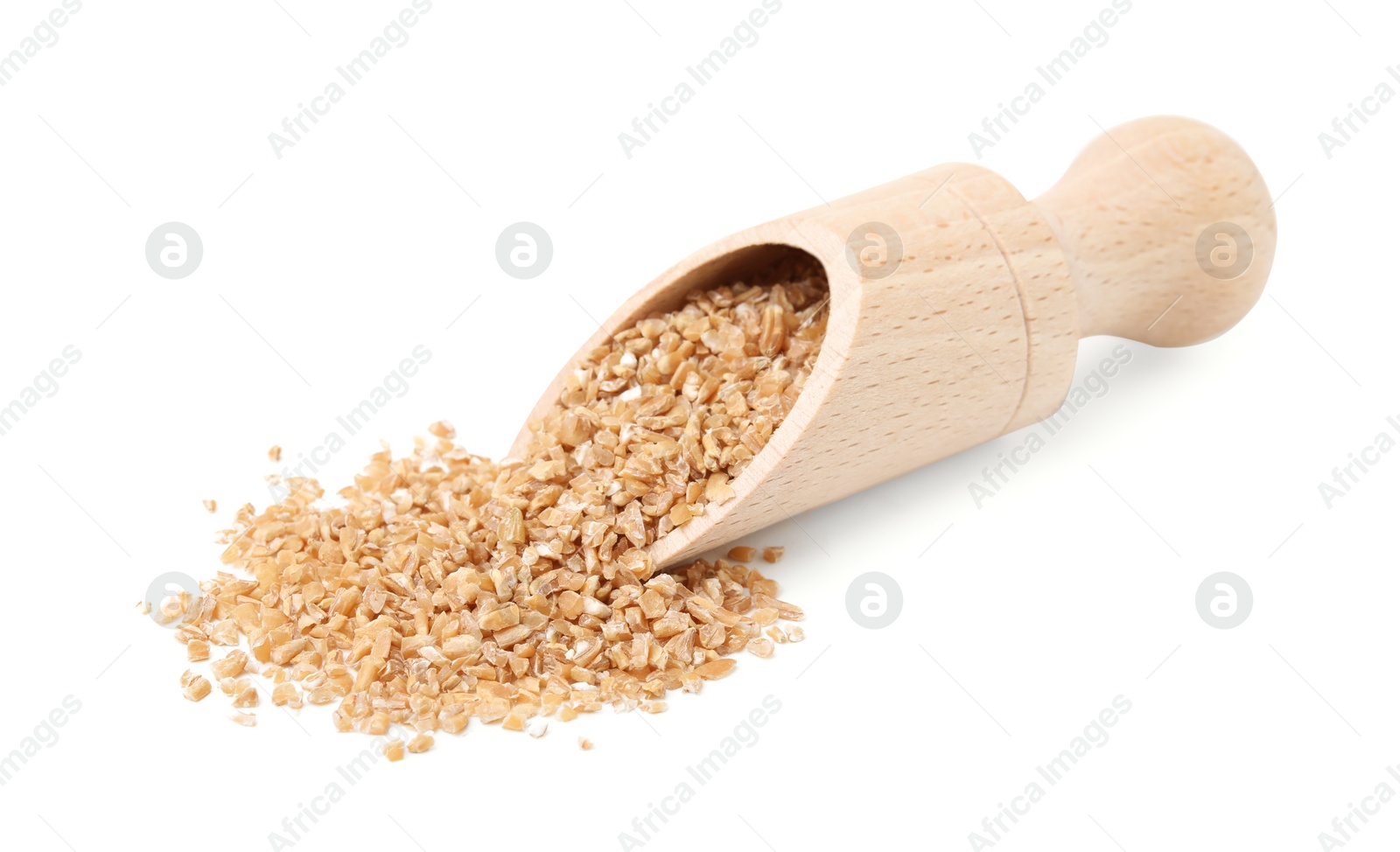 Photo of Scoop with dry wheat groats isolated on white