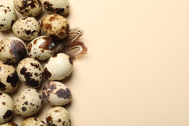Photo of Speckled quail eggs and feathers on beige background, flat lay. Space for text