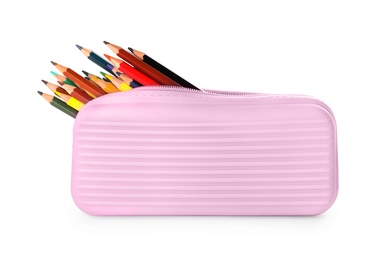 Photo of Different color pencils in pink case on white background. School stationery