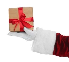 Photo of Santa Claus holding Christmas gift  on white background, closeup of hand