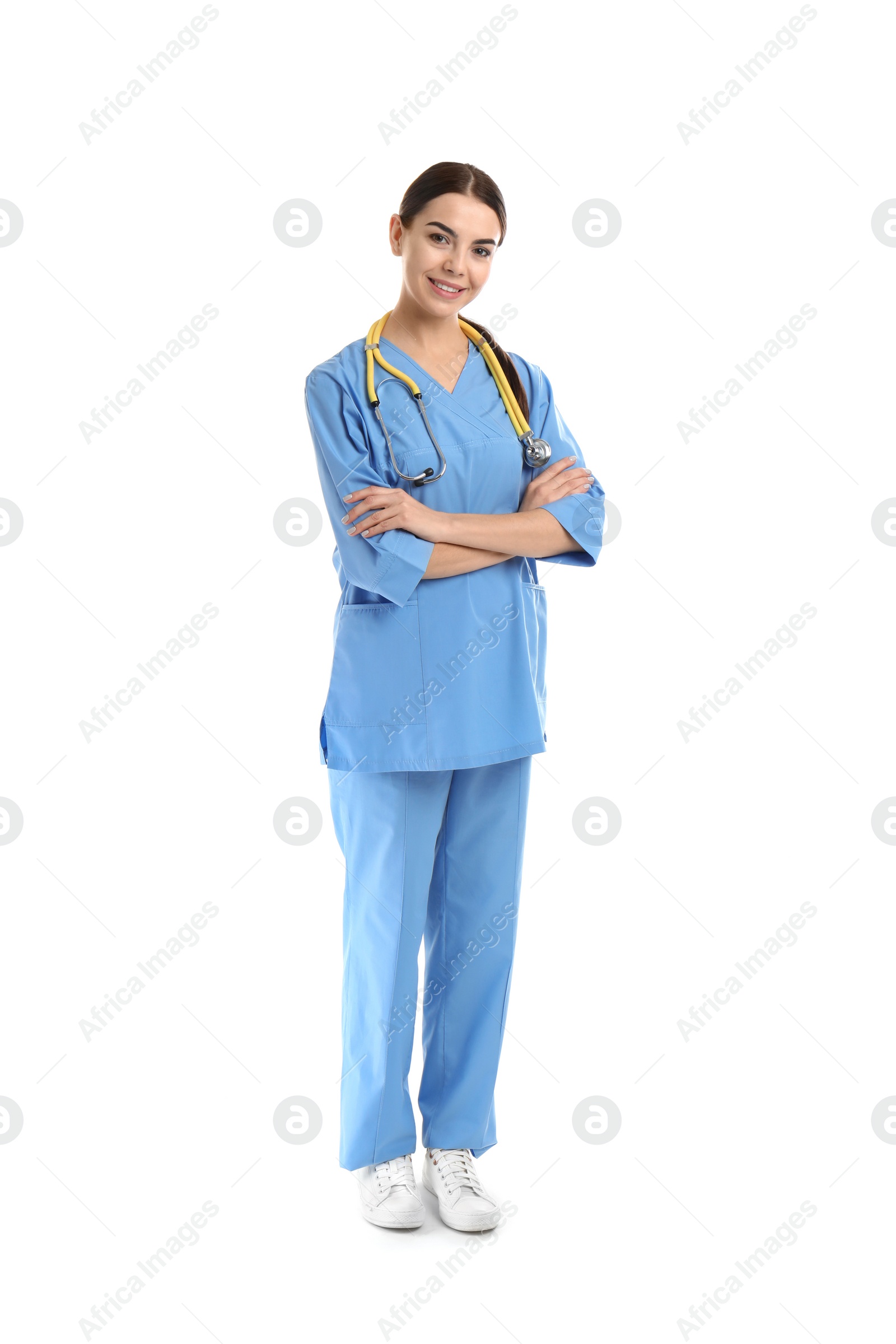 Photo of Full length portrait of medical assistant with stethoscope on white background