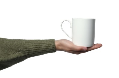 Woman holding mug on white background, closeup