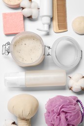 Photo of Bath accessories. Flat lay composition with personal care products on white background