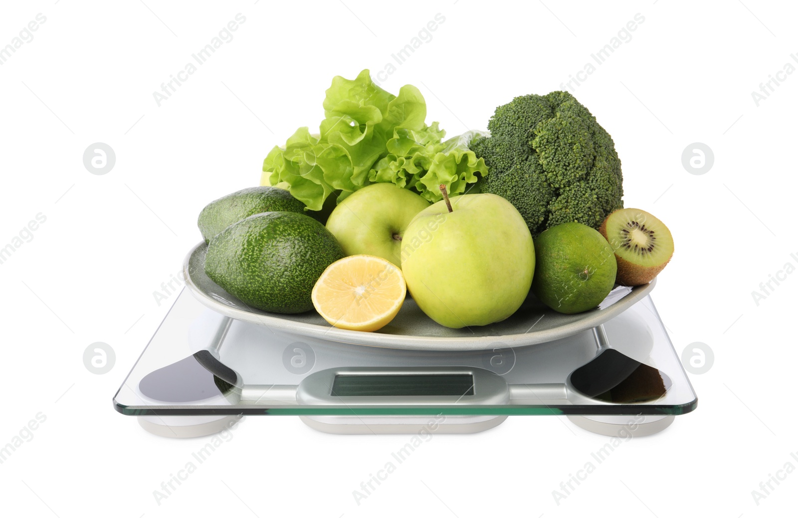 Photo of Healthy diet. Scale and fresh products isolated on white