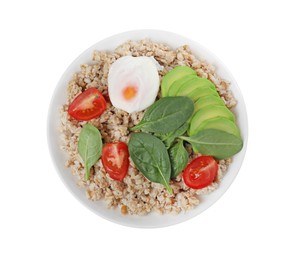 Delicious boiled oatmeal with poached egg, tomato, avocado and basil in bowl isolated on white, top view