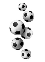 Image of Many soccer balls falling on white background