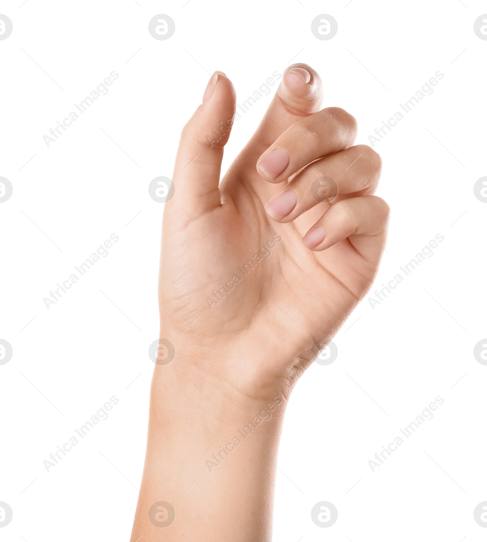 Photo of Woman holding something on white background, closeup of hand