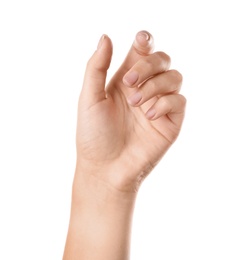 Photo of Woman holding something on white background, closeup of hand