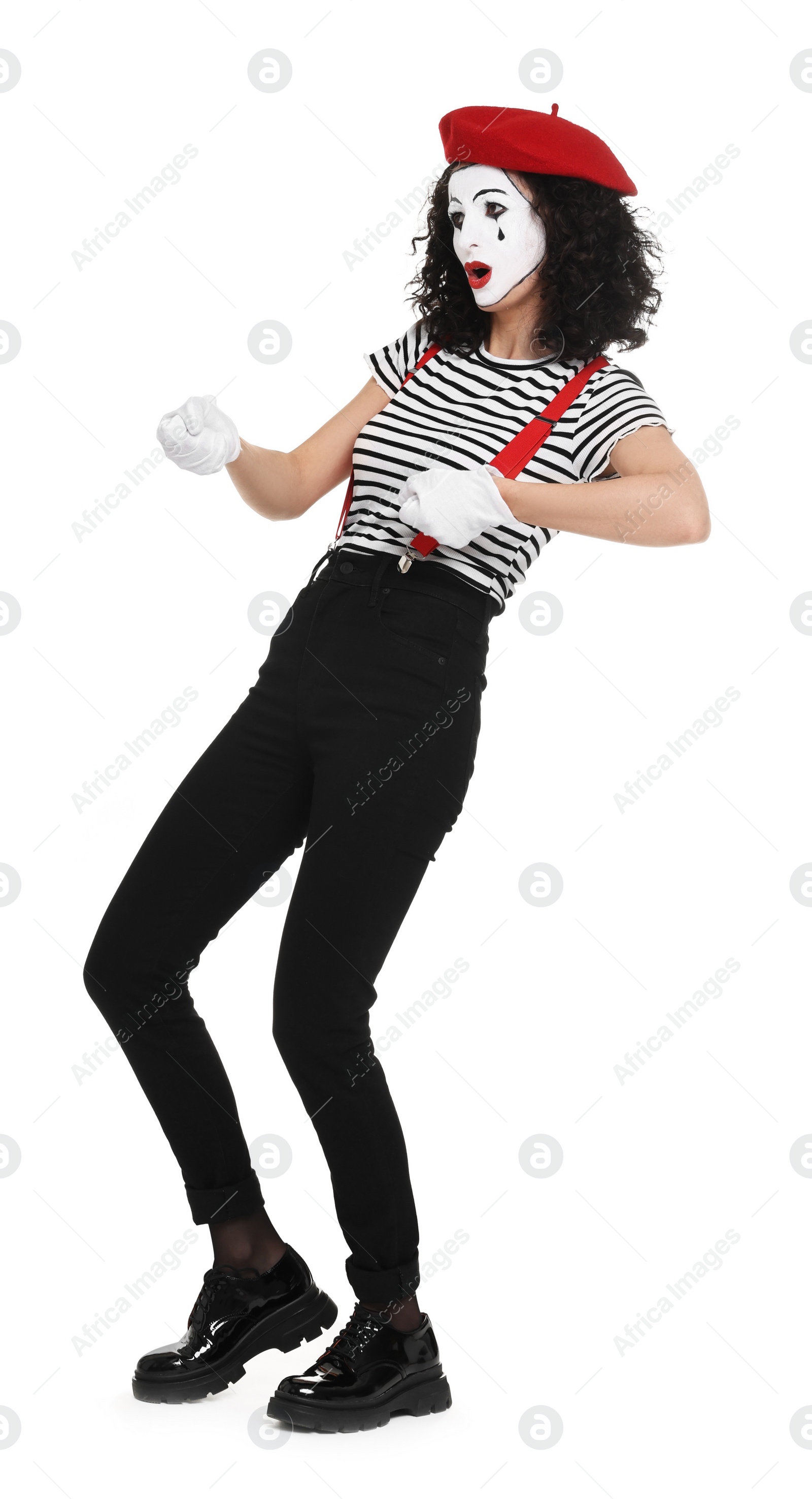 Photo of Funny mime with beret posing on white background