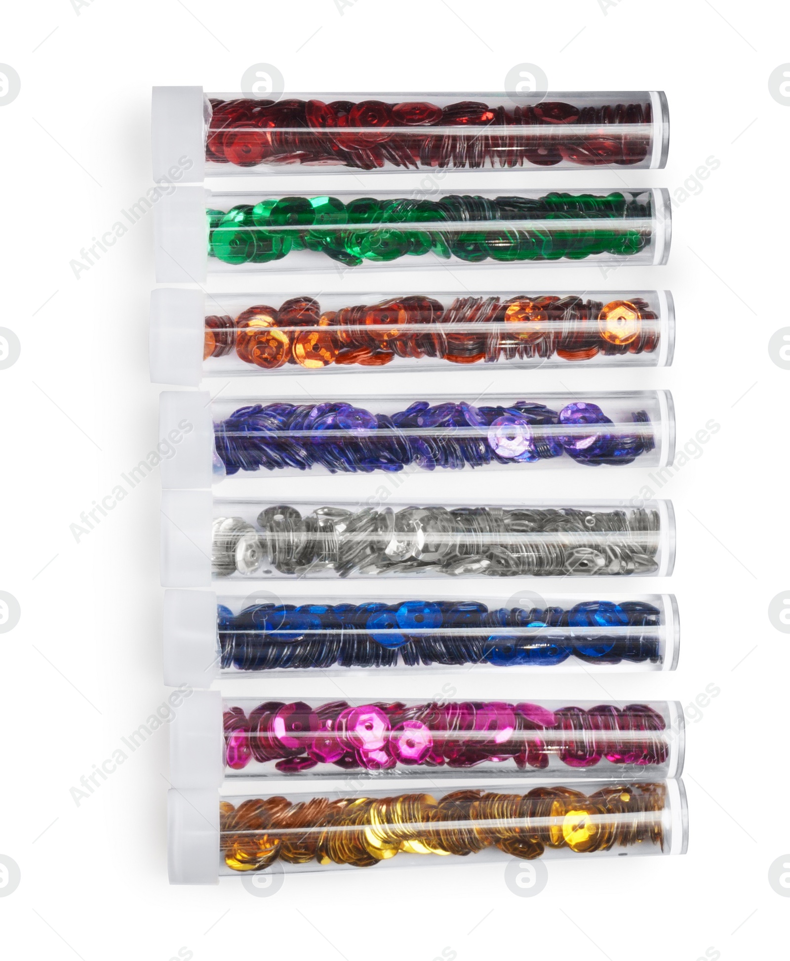 Photo of Many colorful sequins in containers isolated on white, top view