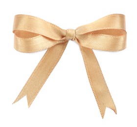 Photo of Beautiful golden ribbon tied in bow isolated on white, top view