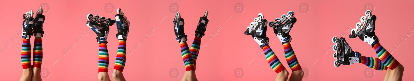 Image of Photos of woman with roller skates on coral background, closeup. Collage banner design