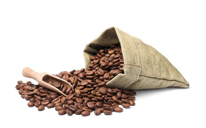 Photo of Sack and roasted coffee beans on white background