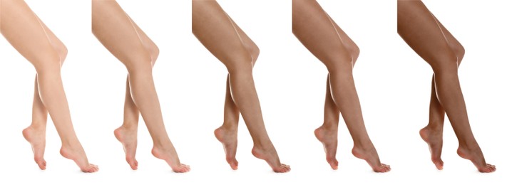 Image of Collage with photos of women with smooth silky skin after epilation, closeup view of legs. Banner design