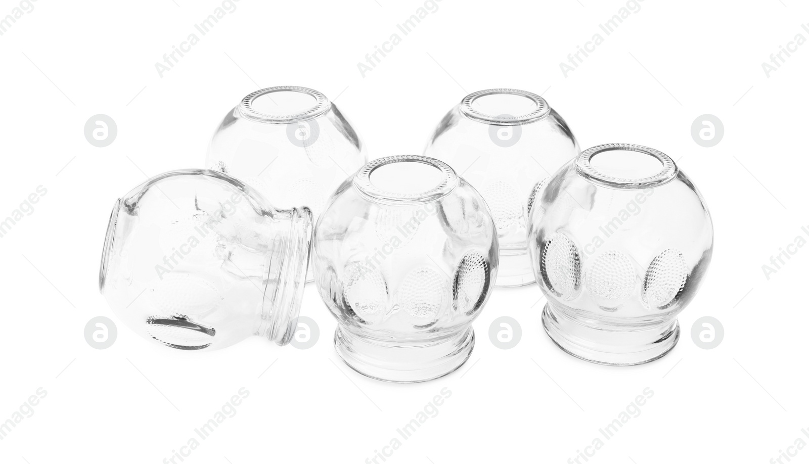 Photo of Many glass cups isolated on white. Cupping therapy