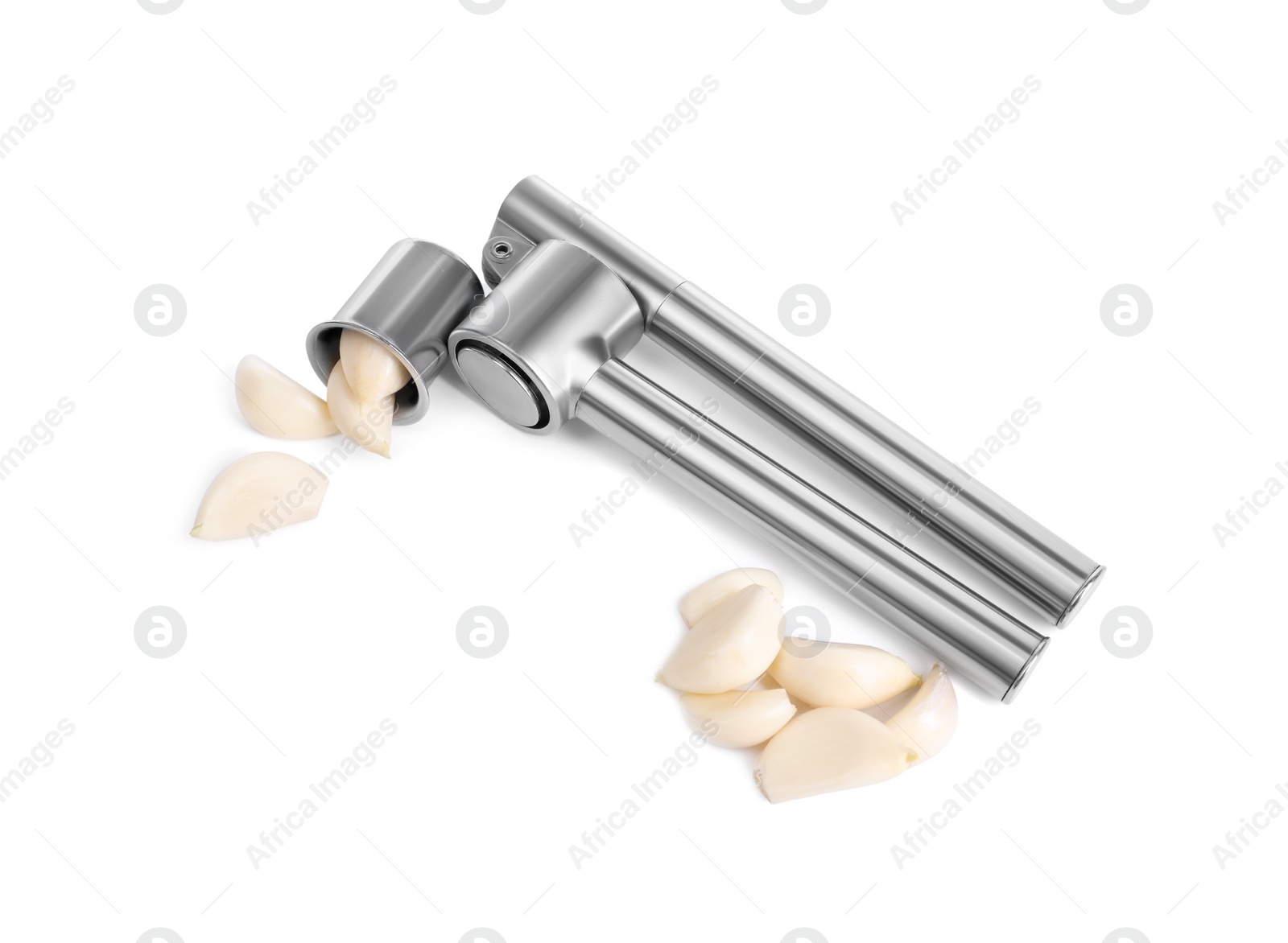 Photo of One metal garlic press and cloves isolated on white, above view