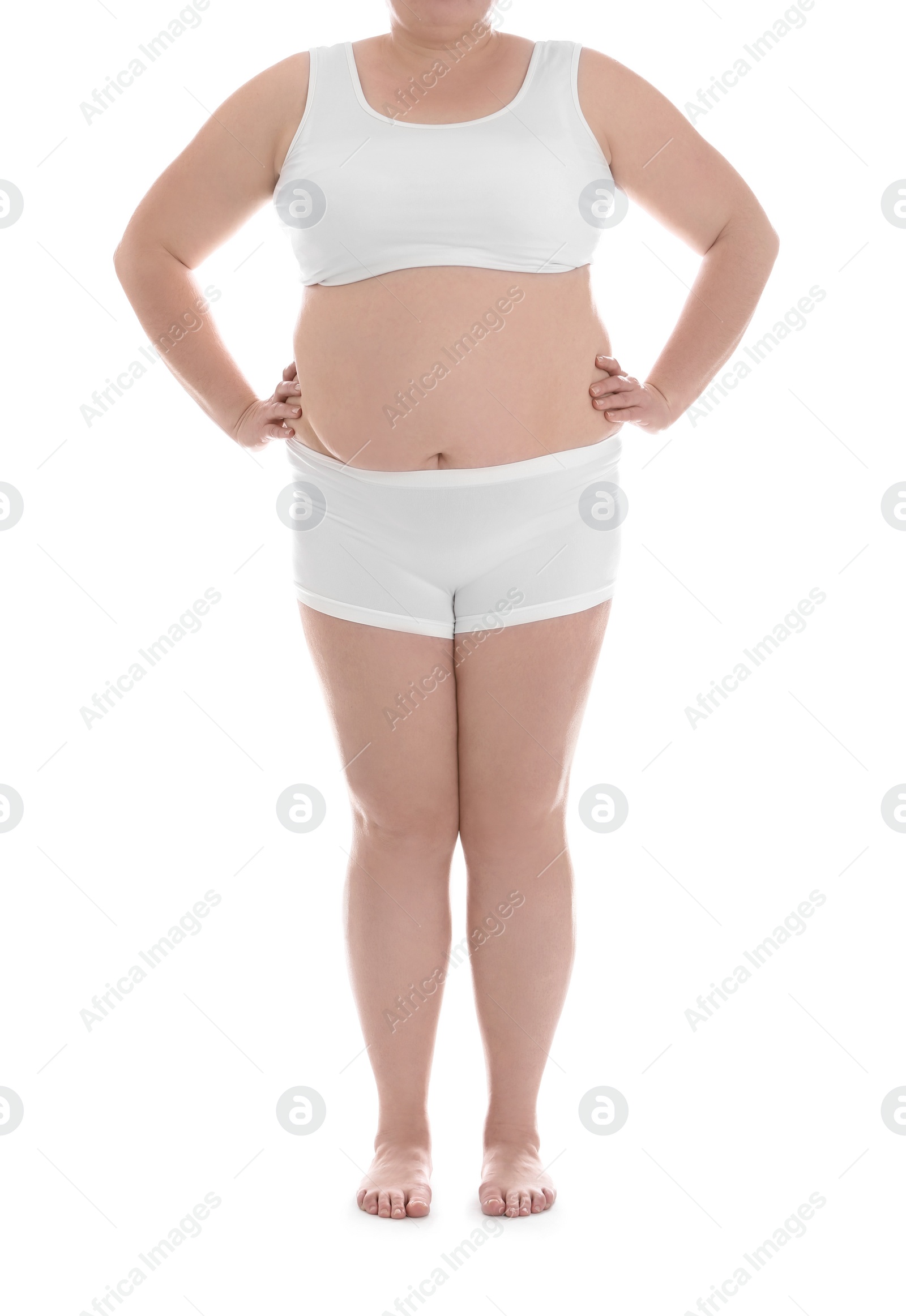 Photo of Overweight woman on white background, closeup. Weight loss