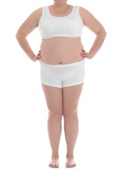 Overweight woman on white background, closeup. Weight loss