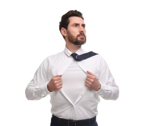 Photo of Businessman wearing superhero costume under suit on white background