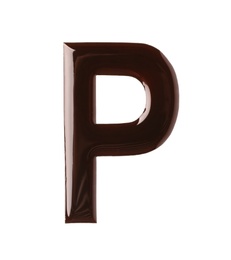 Chocolate letter P on white background, top view