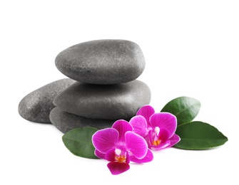 Photo of Pile of spa stones and orchid flowers on white background