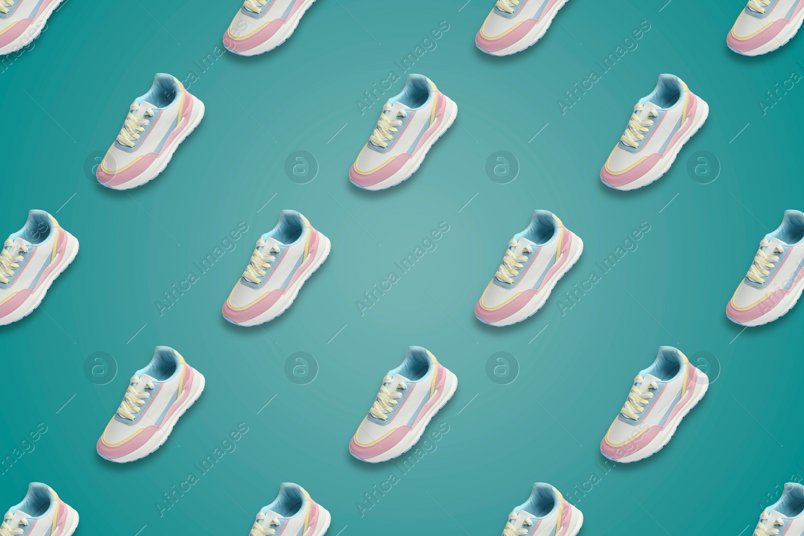 Image of Collage of stylish sneakers on light teal background