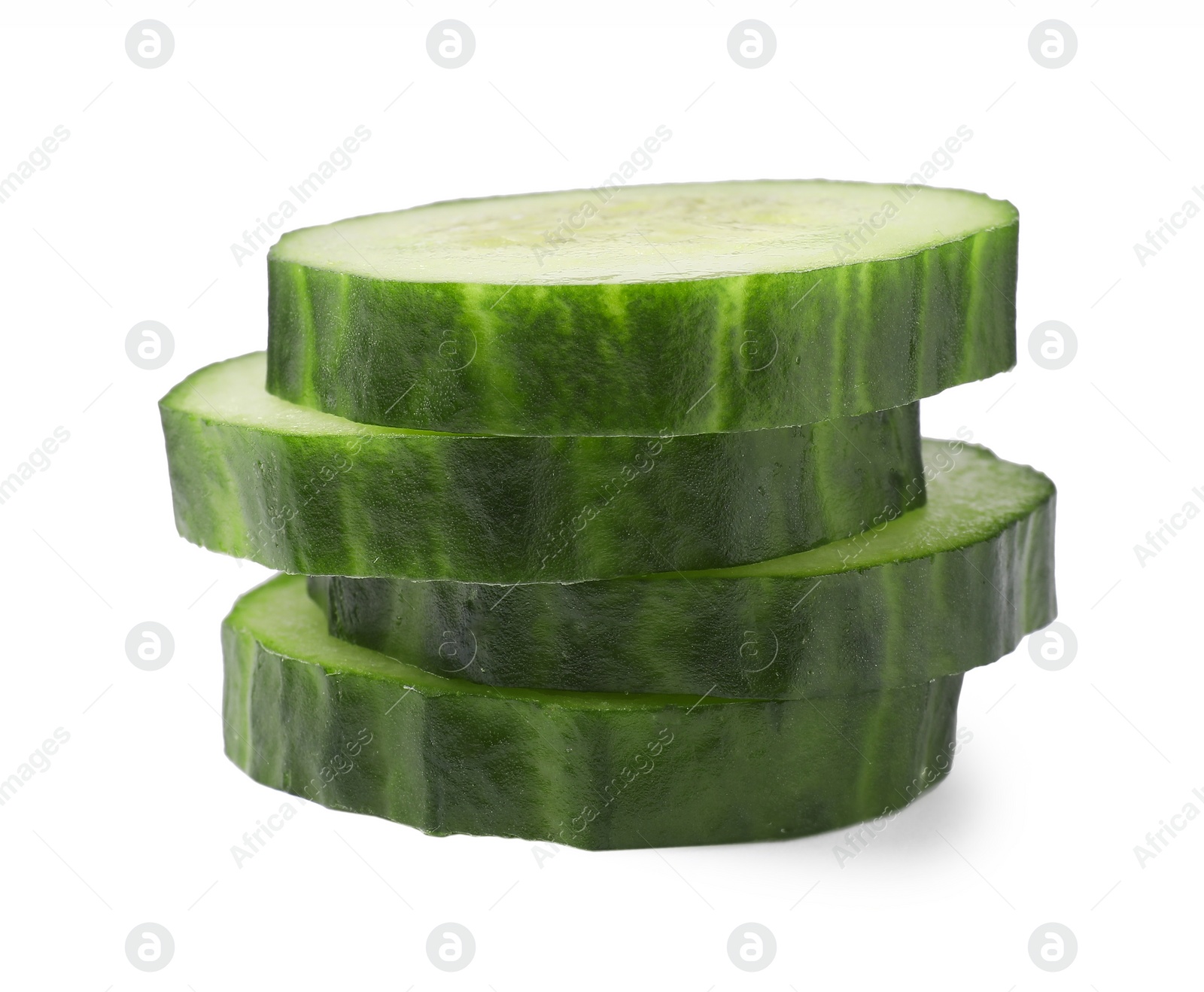 Photo of Stack of fresh cut cucumber isolated on white