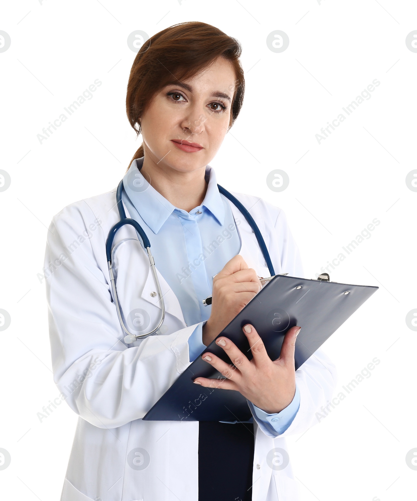 Photo of Portrait of experienced doctor in uniform on white background. Medical service