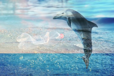 Plastic garbage and dolphin, double exposure. Environmental pollution