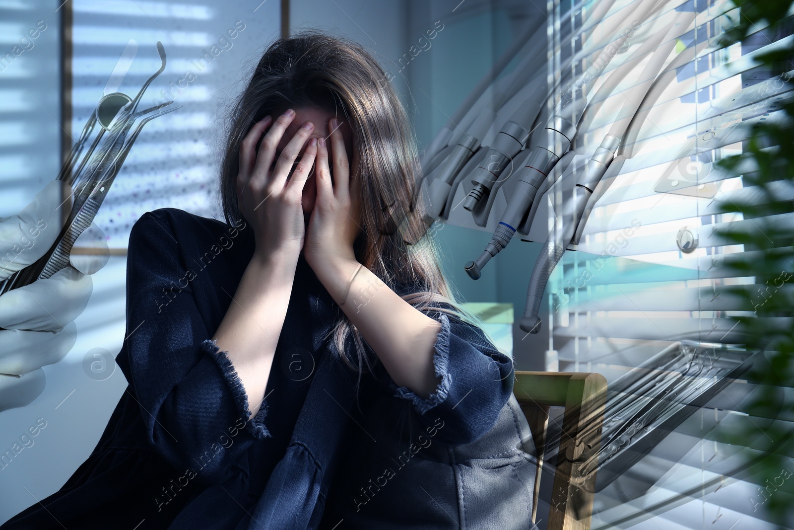 Image of Odontophobia concept. Double exposure of scared woman and dentist's instruments